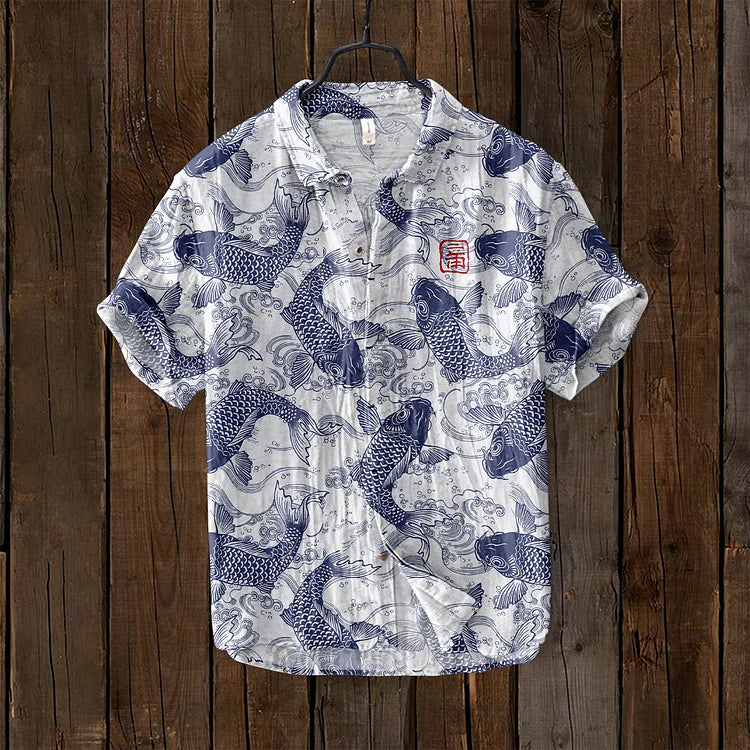 Ogie - Leinenshirt mit künstlerischem Design inspiriert von Vintage-Fischen