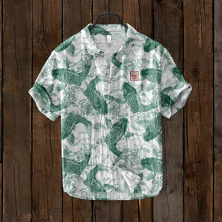 Ogie - Leinenshirt mit künstlerischem Design inspiriert von Vintage-Fischen
