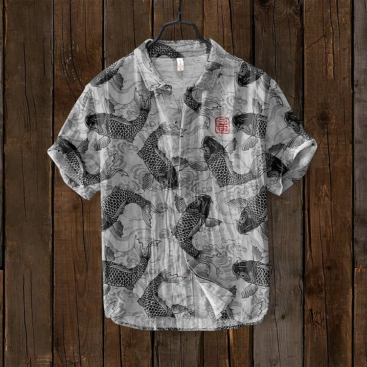 Ogie - Leinenshirt mit künstlerischem Design inspiriert von Vintage-Fischen